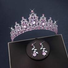1pc Women's Pink Valentine's Day/Birthday Crown Necklace & Earrings Set, Suitable As Valentine's Gift And For Party Occasions
