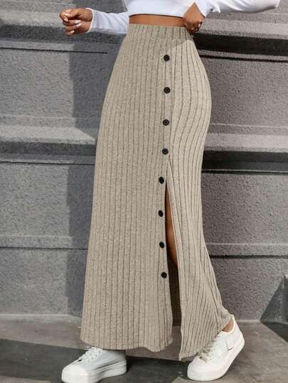 Saia reta com fenda de tricô chique e elegante, saia longa elástica macia para mulheres, vestido longo com botões, roupas modestas de outono