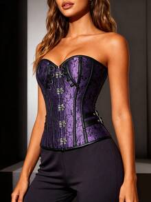 Top corset steampunk, gaine amincissante, boucle latérale, bustier à fermeture éclair jacquard vintage, style gothique à laçage dans le dos, corset ajusté pour le bal masqué - Prune - Voir 11