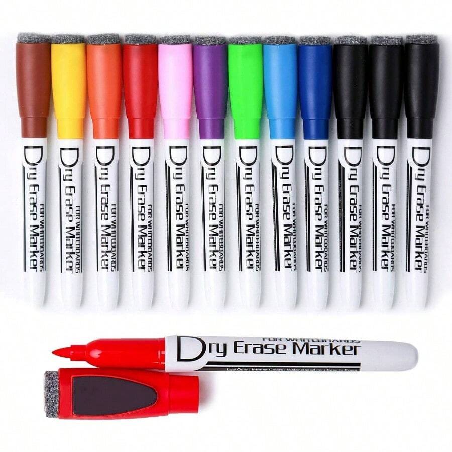 Magnetic Dry Wipe Pens Dry Erase Markers With Eraser Cap Low Odor Fine Tip Whiteboard Pens Pack Of 12, 10 Colors - 最初的 - 查看 1