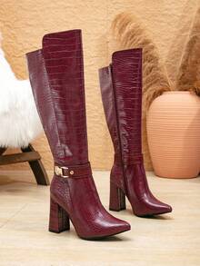 女士新款时尚鳄鱼纹酒红色高筒靴，粗跟尖头侧拉链连衣裙靴，适合秋冬季节，也适合万圣节、圣诞节、感恩节、新年等场合，及膝长靴 - 酒紅色 - 查看 6