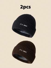 1pc Unisex "IT's OKAY" Embroidered Solid Color Knit Beanie, Men's Winter Thermal Lined Warm Cuffed Hat, Soft & Comfortable, Minimalist & Fashionable, Suitable For Cold Weather Winter Clothing - A - View 15
