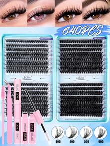 MEM 570/640/800/680/620/120pcs D-Type Curled Cluster Lashes, 9-16mm Slim Natural DIY Lash Kit With Glue & Tweezers, Beginner Friendly For Home Use, Fits Daily, Travel, Wedding, Date, Party & Festivals, Great Christmas Halloween Beauty Gift - 黑色 - 查看 12