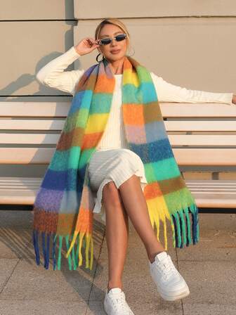1pc Women's Autumn/Winter New Plaid Faux Cashmere Chunky Knit Tassel Scarf, Extra Long Thick Warm Fashionable Street Style Soft Comfortable Shawl, Suitable For Travel And Daily Use For Dress