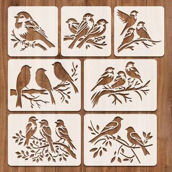 7pcs Bird Painting Stencil Templates With Tree Background Pattern, Suitable For Coloring On Cards, Walls, Fabrics And Furniture, Washable, Ideal Gift For Family Members