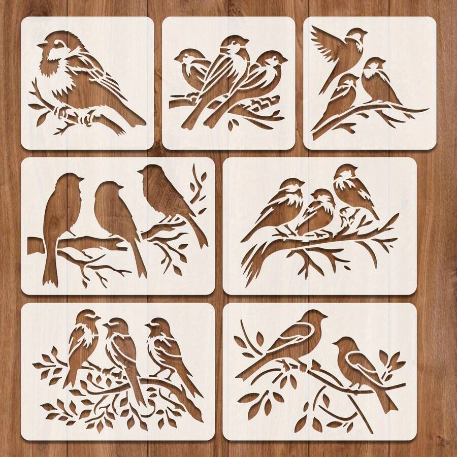 7 buah Templat Stensil Lukisan Burung dengan Pola Latar Belakang Pohon, Cocok untuk Mewarnai di Kartu, Dinding, Kain, dan Furnitur, Dapat Dicuci, Hadiah Ideal untuk Anggota Keluarga