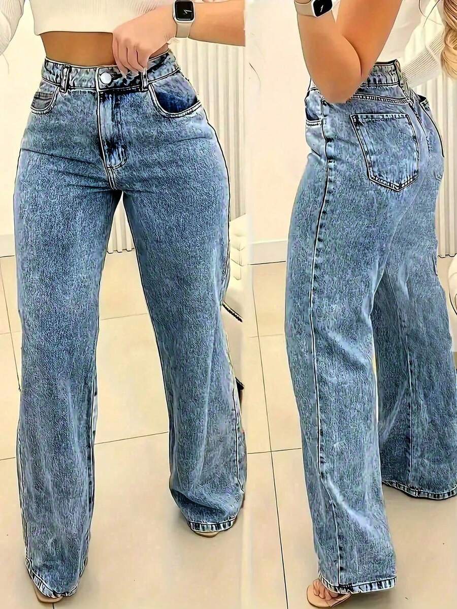 Plus Size Women Straight Leg Loose Casual Pockets Jeans Spring - Medium Wash - View 1