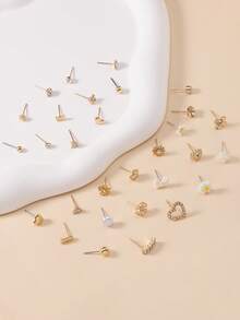 30 Pairs Assorted Cute Metal Stud Earrings Set - Bowknot, Flower, Heart, Snowflake, Rhinestone Designs, Fashion Jewelry Gift For Women, Suitable For Casual And Holiday Wear - Yellow Gold - View 2