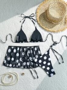 Bộ đồ 3 món gợi cảm, thanh lịch, tối giản dành cho nữ, gồm áo bikini buộc dây cổ in chấm bi toàn thân và chân váy đính cườm, trang phục dự tiệc đi biển, bộ đồ nghỉ mát mùa xuân/hè mới về. - màu đen - Xem 3