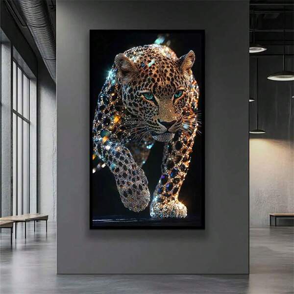 1 pictură pe pânză cu leopard neînrămată | Portret de leopard cu aspect de diamant | Pictură modernă cu leopard, artă cu animale sălbatice, imprimare pe pânză cu leopard, decor de perete