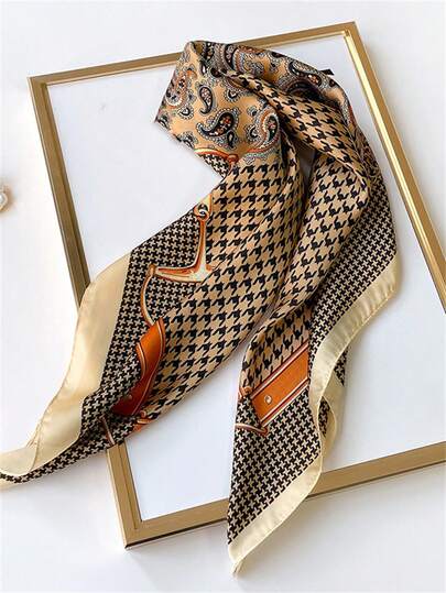 1pc Elegant Luxury Classic Houndstooth Print 27.5" Square Silk Scarf/Bandana, Paisley Pattern, Versatile Accessory For Women, Suitable For Daily Decoration