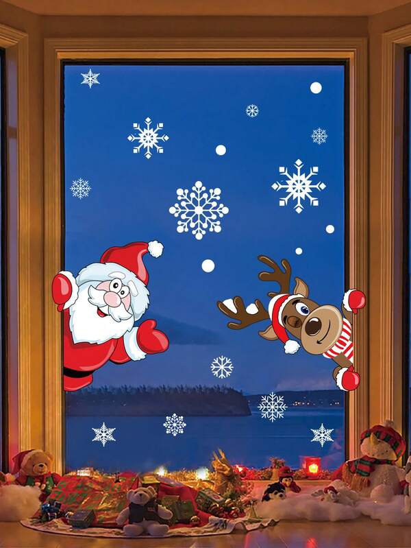2pcs/Set Christmas Static Stickers, Santa Claus And Elk Double Sided Glass Stickers, Window Glass Decals, Nativity Scene Decorations