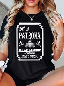 Women's Spanish  Soy La Patrona  Empowerment T-Shirt - Black Casual Crew Neck Tee With Bee & Floral Graphic, 100% Original Design, Medium Stretch, Machine Washable Spring Summer Streetwear - 黑色 - 查看 1