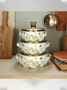 3pcs Enamel Coated Cookware Set: Milk Pot With Dual Handles, Enamel Bowl, Mini Pot, Soup Pot, Ramen Bowl, Small Hot Pot, Thick Enamel Pot, Dual Handle Pot Suitable For Induction Cooktop & Gas Stove, For Cooking Small Portions Or Food Preservation, Family Dinner Supplies, Party Supplies - Multi-color Gold-rimmed Enamel Pot - View 16