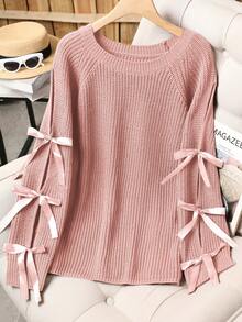Plus Size Casual Round Neck Bowknot Contrast Color Knit Pullover Sweater - Dusty Pink - View 3