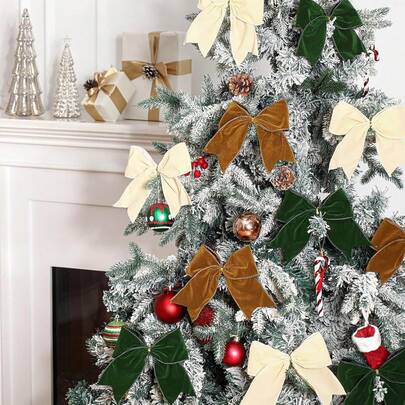 4pcs Christmas Bow Decorations - Elegant White, Green, Brown Hanging Decor, No Electricity Needed, Durable Polyester Fabric For Tree, Wreath, Gift Wrapping - Classic Holiday Party Decor (4-Pack), High-Quality Ribbon, Handmade Traditional Style, Festive Ambiance Accents, Great Gift, Wreath Embellishment, Essential For Christmas Shopping