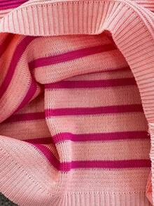 Vestido de verano de punto a rayas de playa, vestido de verano entallado de manga corta y cuello redondo, vestido de calle para exterior, vestido de rayas para mujer. - Rosa - Ver 3
