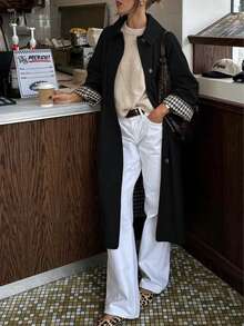 1pc 2025 Autumn/Winter New European & American Style Women's Long Wind Trench Coat, Raglan Sleeve, Lapel Collar, Contrast Plaid Pattern, Single-Breasted, Multi-Functional Casual Trench Coat, Casual Long Over-The-Knee Windbreaker Outerwear, Daily Home Outdoor Party Holiday Commute Office - Black - View 3