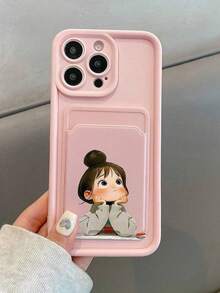 2pcs Set: 1pc Pink Lens Protection Stepped Pattern Phone Case + 1pc Cute Girl Angry Minimalist Print Card Holder Phone Case, Compatible With Apple 17 Air, 17, 16, 15, 14, 13, 12, 11 Pro Max - Multicolor - View 2