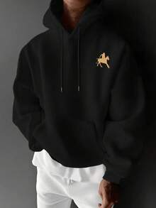Simple Studio | 男士休闲简约骑士Logo印花抽绳连帽抓绒卫衣，秋冬款 - 黑色 - 查看 5