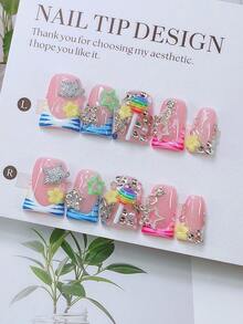 10pcs Handmade Y2K Nails Chic Duckbill Press On Nails Set - Handcrafted, Pink Nails, Blue And White French Tip Nails, Hand Drawn Blue And Pink Zebra Stripe, Exquisite Lovely Nails, Decorated With Silver Butterfly, Kitten, Rhinestones, Lollipop, Star, White Pearl, Yellow And Pink Little Flower Elements Design