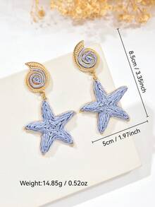 OOQ 1 Pair Handmade Bohemian Style Blue Raffia Grass Seashell & Starfish Tassel Earrings, Summer Beach Fashion Spiral Starfish Earrings, Suitable For Valentine's Day, Wedding Season, Mother's Day, Music Festival Celebration, Daily, Vacation, Party Wear (Handcrafted Raffia Grass Weaving, Shape And Direction Random) - Blue - View 4