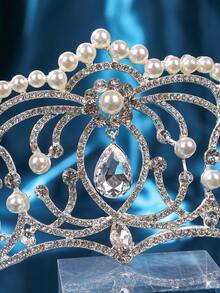 1件水晶珍珠皇冠头饰，新娘婚礼皇冠，适合女士晚宴派对服装 - 銀色 - 查看 6