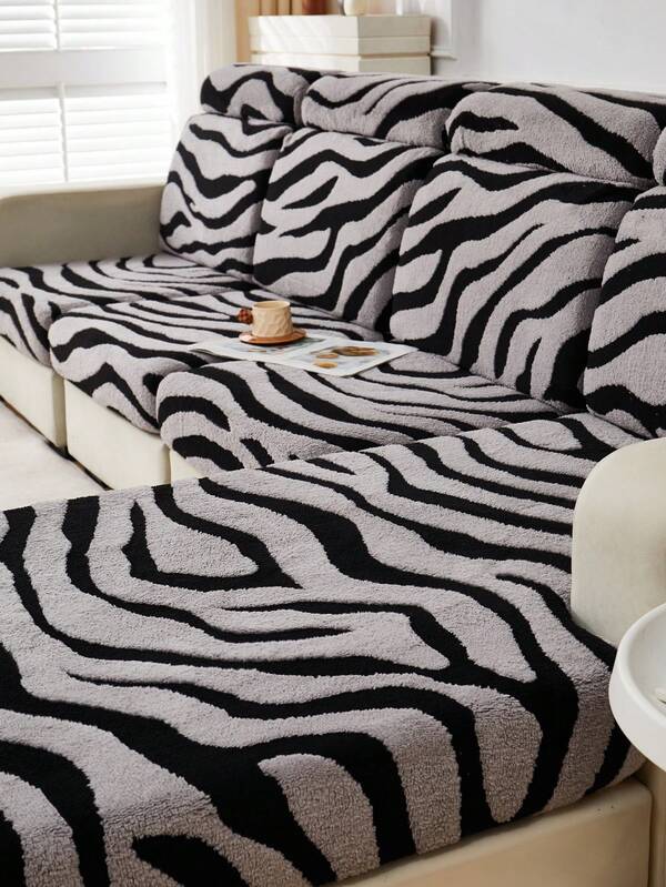 1pc Soft Plush Fabric Pet Proof Sofa Seat Cover, Zebra Pattern, Multi-Color, Thick Flocked Jacquard Zebra Design, Suitable For Sofa Seat/Back Covers, Autumn/Winter