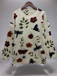 大码女式花卉和昆虫全身印花长袖落肩针织套头衫，罗纹针织袖口和下摆
