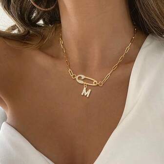 1pc New Fashion Pave Zirconia Pin Initial Pendant Gold Color Stainless Steel Paper Clip Chain Necklaces For Women