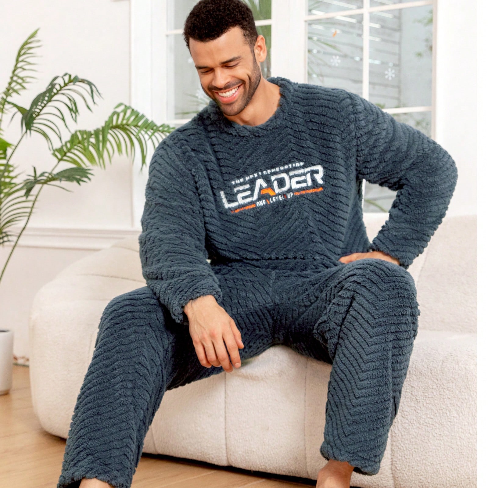 Conjunto de pijama de felpa coral de manga larga para hombre de talla grande, ropa cómoda para el hogar, ropa de estar en casa cálida y casual para