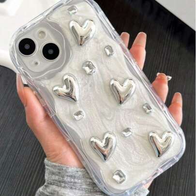 合金3D金属银色爱心防震时尚电镀爱心钻石防摔波浪边框手机保护壳，兼容 17/17Pro/17Air/17ProMax/16/15/14/13/12/11/X/XS/XR/Mini/Pro Max/Pro/Plus，环氧树脂软壳，春季生日礼物