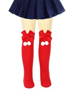 1 par de calcetines largos a la rodilla con rayas, pompones y moños para niñas y adolescentes en Navidad