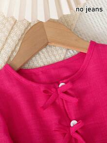 [Không phải denim] Bộ 2 áo cardigan cổ tròn màu trơn đơn giản cho bé gái kèm quần ống đứng in họa tiết trái cây, thích hợp mặc hàng ngày, ở nhà, ngoài trời, xuân/thu - Hồng - Xem 6