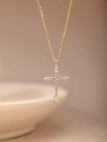 1pc S925 Sterling Silver Gold Plated Zirconia Cross Pendant Necklace - Hypoallergenic Platinum Plating - Minimalist Classic Zirconia Teardrop Cross Design - Matching Cross Set Available - Pure Silver Jewelry - Women Necklace - Choker - Suitable As Holiday Gift - Daily Wear - Stackable - Multicolor - View 2