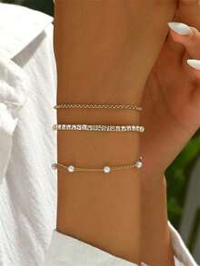 3 Stücke elegantes silbernes Plastik-Kristall Elastik-Armband Set, beinhaltet Perlen-Armband & Edelstahl-Armband, geeignet für Teenager-Mädchen & Kleine Mädchen, verstellbare Größe, modisches Schmuckgeschenkset