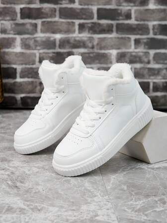 1 Pair Solid Color Fashionable Metal Eyelets Lace-Up High-Top Casual Sports Shoes, Warm Thermal Lined Snow Boots For Indoor/Outdoor Wear, Versatile Sneakers For Autumn/Winter