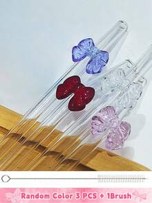 6 件可重复使用玻璃吸管，带粉色蝴蝶结，防碎，可爱弯曲饮用吸管，带清洁刷，适用于冷热饮料、茶吧饮具、新娘送礼会和热带派对的杯子配件、适用于童话花园和婚礼装饰的异想天开的饮用套装 - 彩色 - 查看 30