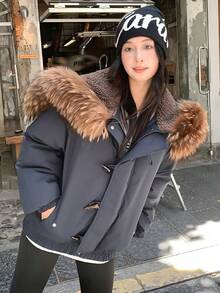 Stylish Women's Autumn/Winter Thick Warm Loose Hooded Cotton Jacket, Short Length, Korean Version, Fur Collar, Multi-Purpose Jacket - 藏蓝色 - 查看 2