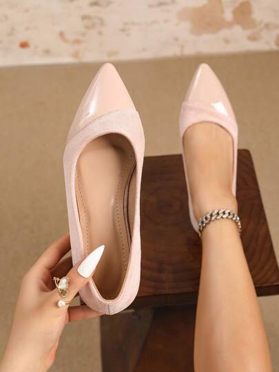 Weihnachtsrabatt Damen Flache Spitzschuh Slip-On Schuhe, geeignet für Frühling und Herbst, rutschfest, bequeme Tanzschuhe, Patchwork Design, rosa Wildlederimitat & Lackleder, Mary Jane Ballerinas, Slip-On Pendlerschuhe, rosa Ballerinas, rosa Hochzeitsschuhe