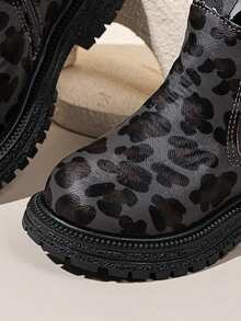 2024新款时尚豹纹女童踝靴，平底套穿侧拉链踝靴，软底百搭公主靴 - 深灰色 - 查看 6