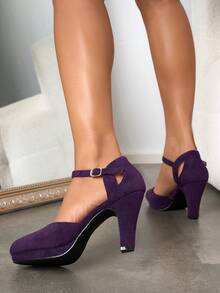 1 Paar Pumps mit Schnallenverschluss und Plateauabsatz, einfarbig vielseitig einsetzbar für Büro, Beruf, Party, elegante geschlossene Zehenschuhe für Damen, Plateau-Absätze für Damen - Violett - Übersicht 5