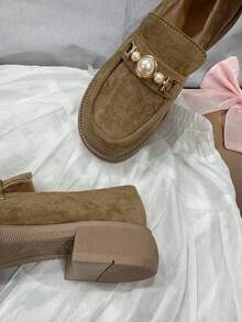 Comfortable Women's Flats, Deep Mouth Thermal Lining For Autumn/Winter, Faux Pearl Metal Decor, Soft Flat Oxfords, Elegant Casual Versatile For All Occasions