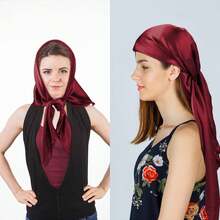 35" Large Square Satin Head Scarf, Silk Scarf For Women Hair Bandana Scarves For Hair Wrapping And Sleeping At Night - 酒紅色 - 查看 4