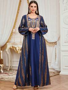 Elegant Women's Long Kaftan Robe, Gold Embroidery, Long Sleeve, Flowing Woven Fabric, Round Neck Jalabiya Dress, Suitable For Festival, Celebrations Spring - Navy Blue - View 2