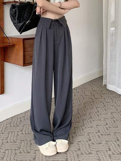 轻盈高腰喇叭裤，宽松版型，褶裥设计，适合通勤和约会，优雅女性的休闲长裤，春夏款