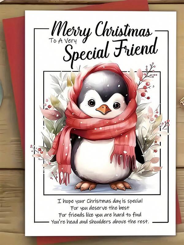 1pc Cute Penguin Christmas Card With RedEnvelope - "Merry Christmas To A Special Friend" Message, Elegant Penguin In Scarf Design - High-Quality Paper Holiday Greeting Card For Friends, Family, Coworkers - Perfect Christmas Gift For Birthdays, Anniversaries, Thank You Notes - No Batteries Needed, Festive Stationery, Cartoon Style, Premium Cardstock, Sentimental Keepsake, Family Gifts