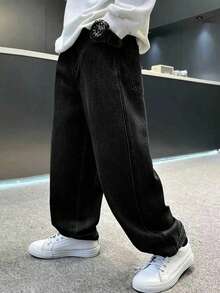 男童时尚保暖内衬卡通刺绣牛仔裤 - 黑色 - 查看 2