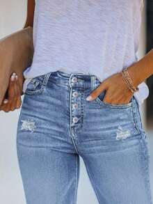 女士高腰浅色水洗做旧直筒牛仔裤 – 纽扣前襟，毛边裤脚，复古休闲牛仔，轻松打造日常及办公造型 - 淺色水洗藍 - 查看 2