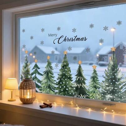 1张圣诞窗贴，圣诞树雪花图案，可重复使用，冬季窗贴，适用于家庭办公室玻璃门窗装饰，墙贴，房间装饰，卧室装饰，厨房装饰，家居装饰